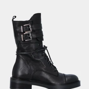 Anfibio in vitello nero con doppi cinturini e fibbie sul gambale