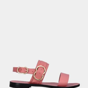 Sandalo rosa in pelle con doppie fasce e fibbie circolari
