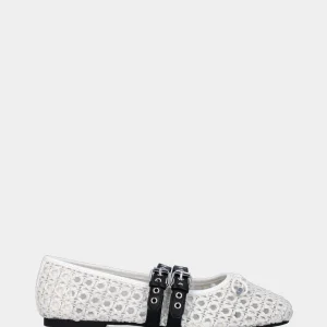 Ballerina bianca in pelle con tomaia traforata e cinturini neri