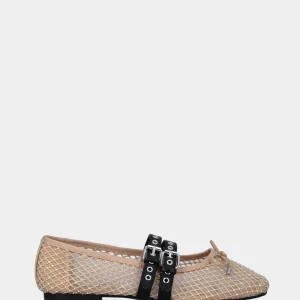 Ballerina beige in tessuto con tomaia a rete con strass e cinturini